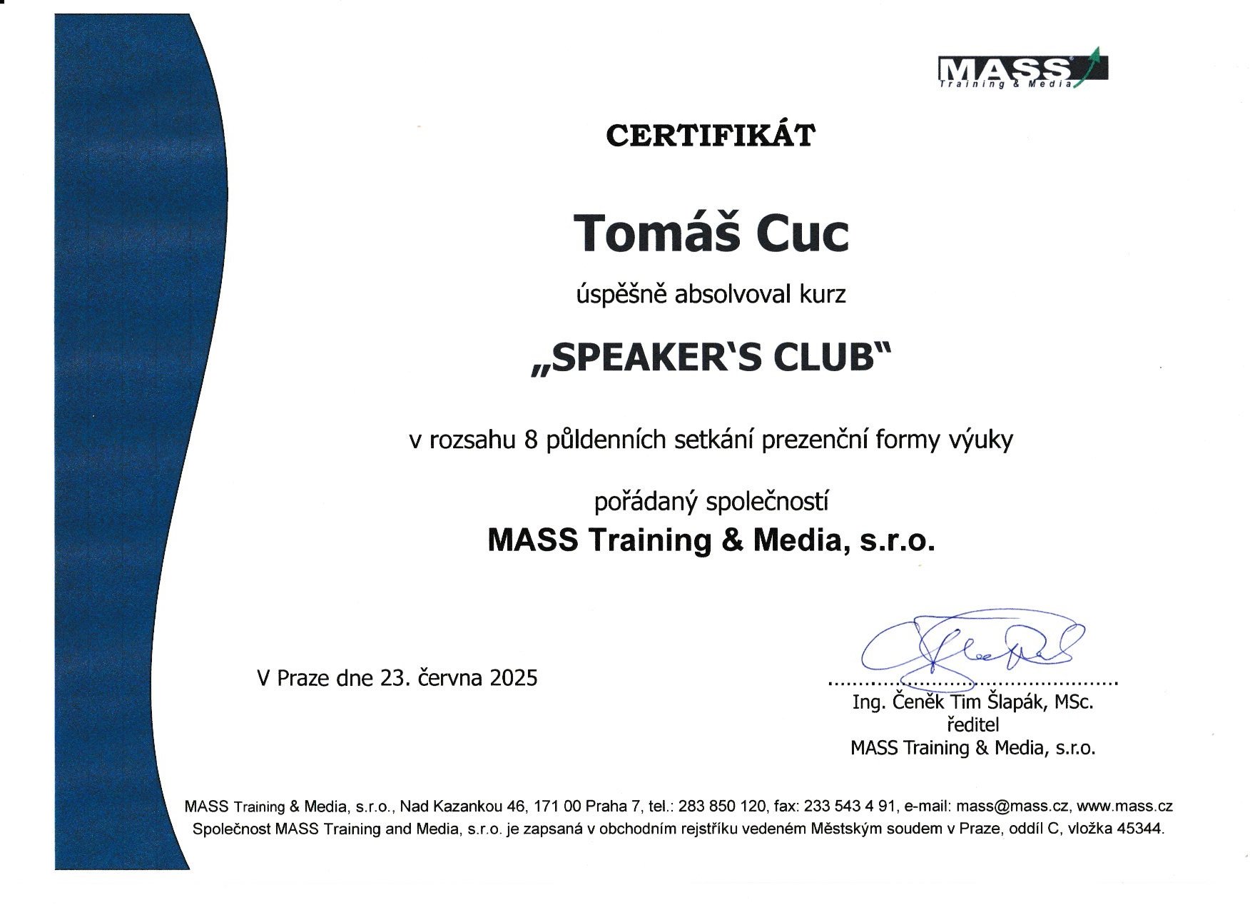 Certifikát Speakers club 2025 - MASS Training &amp; Media, s.r.o.
